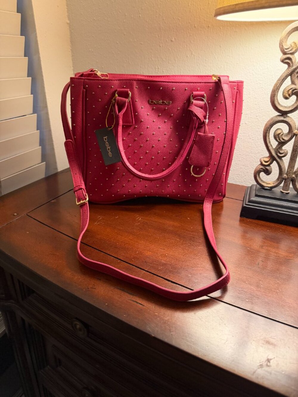 bebe Sagan Studded Satchel Dark Pink Gold Studs NWT